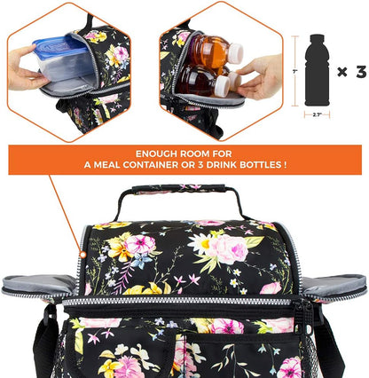 opux Insulated Lunch Bag Women Men, Dual Compartment Leakproof Lunch Box Adults Kids, Double Decker Meal Prep Bento Lunch Cooler Tote with Shoulder Strap for Work Office School Travel, Floral Purple