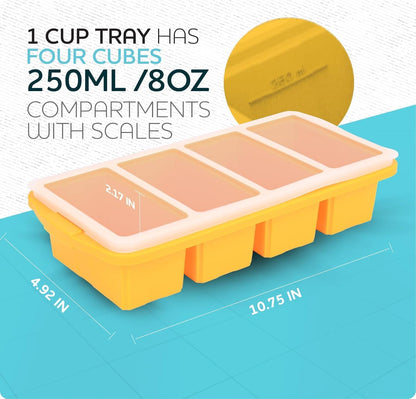 Silicone Freezer Tray With Lid-Soup Freezer Container molds-Large Ice Cube Tray Set Makes 1-Cup & 2-Cup portions cubes Perfect for preparing meals in different portion sizes Oven & Dishwasher -Safe