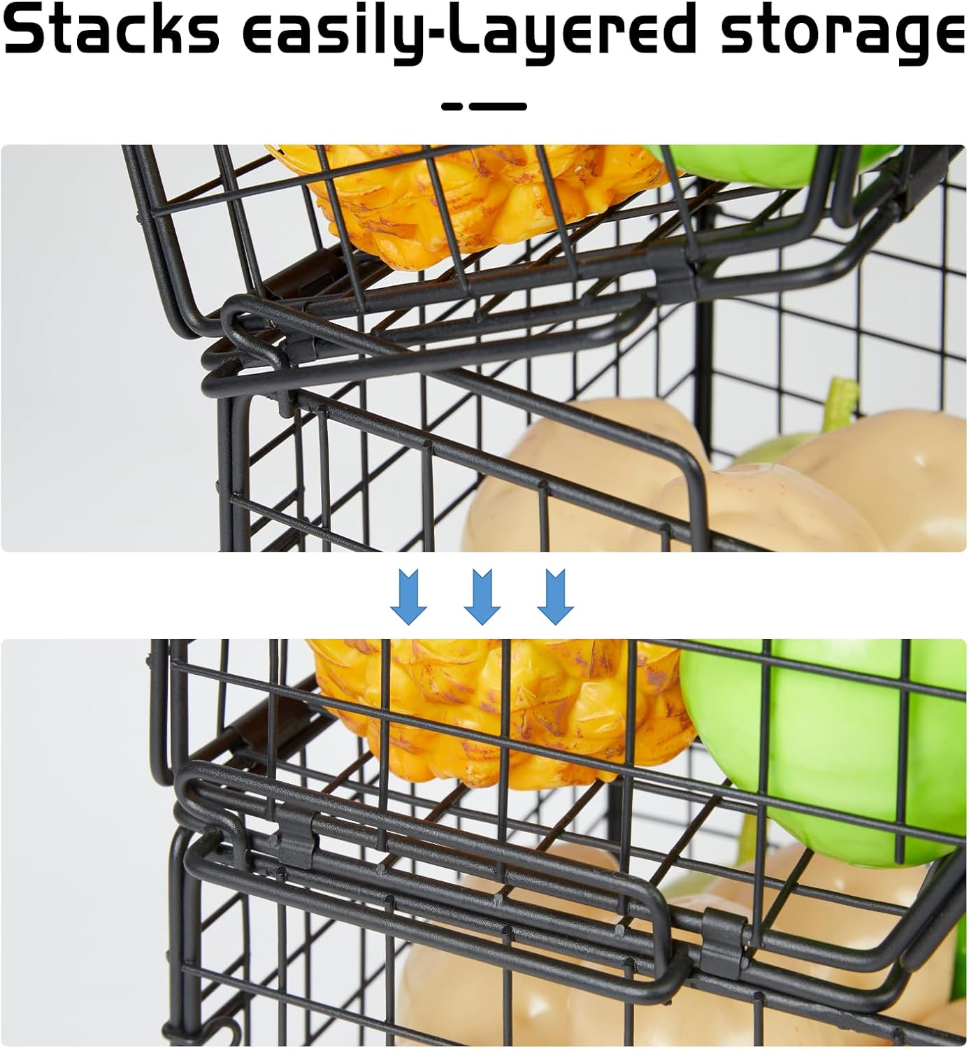 3-Tier Stackable Wire Baskets for Counter, Fruit and Vegetable Storage, Potato and Onion Storage Bin，Kitchen Pantry Organizer - Wall Basket for Produce/Snack/Can, Black