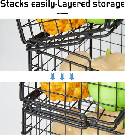 3-Tier Stackable Wire Baskets for Counter, Fruit and Vegetable Storage, Potato and Onion Storage Bin，Kitchen Pantry Organizer - Wall Basket for Produce/Snack/Can, Black