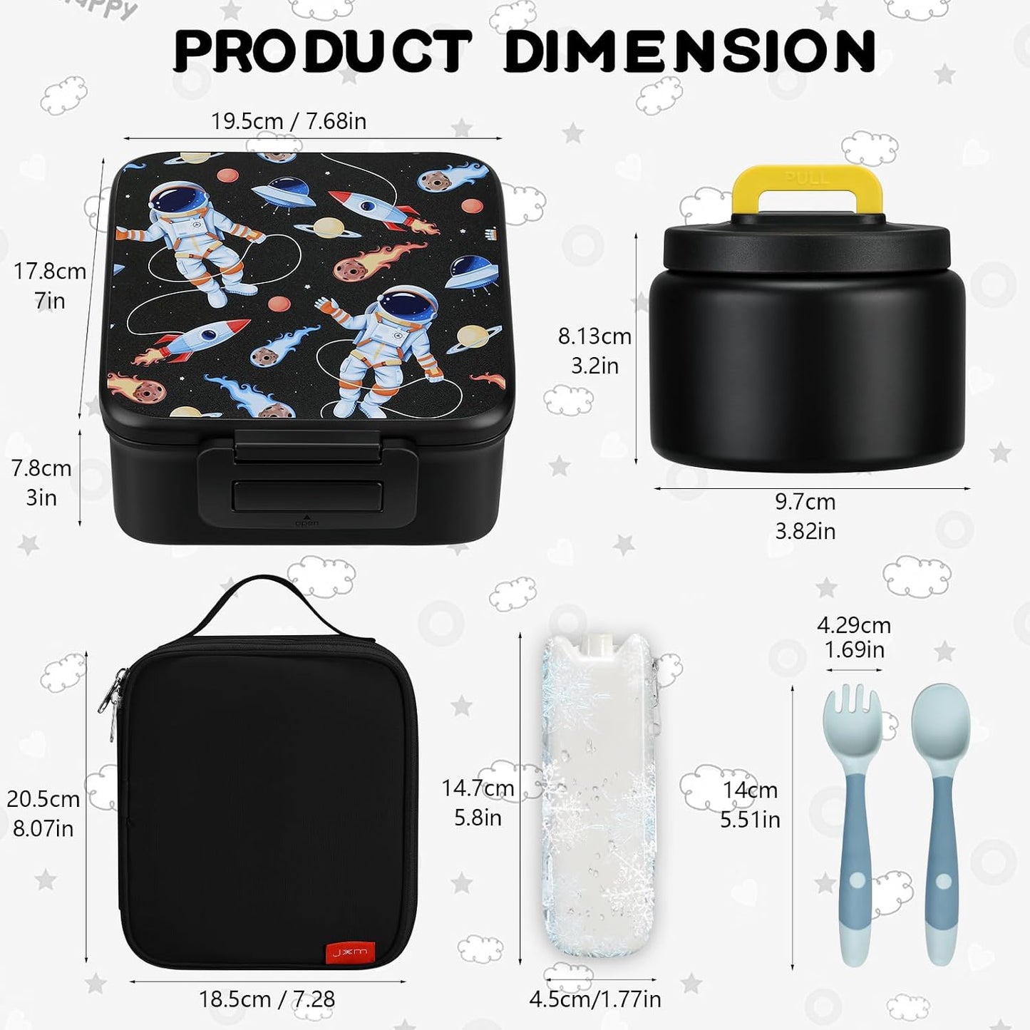 MAISON HUIS Bento Lunch Box with 8oz Soup Thermo and Insulated Lunch Bag, Kids Leakproof Lunch Food Containers with 5 Compartment, Boys Girls Thermo Hot Food Jar for Travel, School, BPA Free (Black)