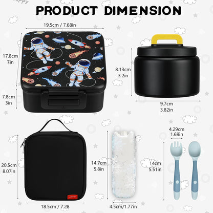 MAISON HUIS Bento Lunch Box with 8oz Soup Thermo and Insulated Lunch Bag, Kids Leakproof Lunch Food Containers with 5 Compartment, Boys Girls Thermo Hot Food Jar for Travel, School, BPA Free (Black)