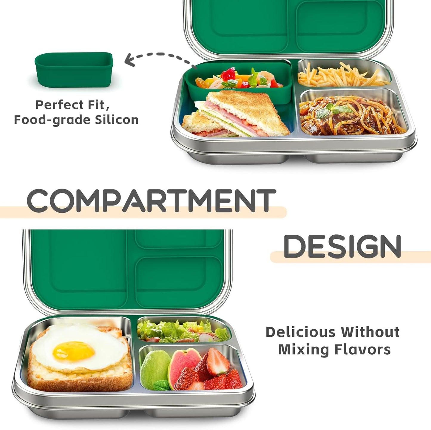 BOSEDSANG Stainless Steel Kids Leak-Resistant Bento Lunch Box, 3-Compartments with Silicone Container, Dishwasher-Safe, Child-Friendly Design for School, Picnics & Travel,BPA-Free(Pink)