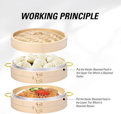 MacaRio 10 Inch Bamboo Steamer Basket Set Dumpling Steamer for Cooking
