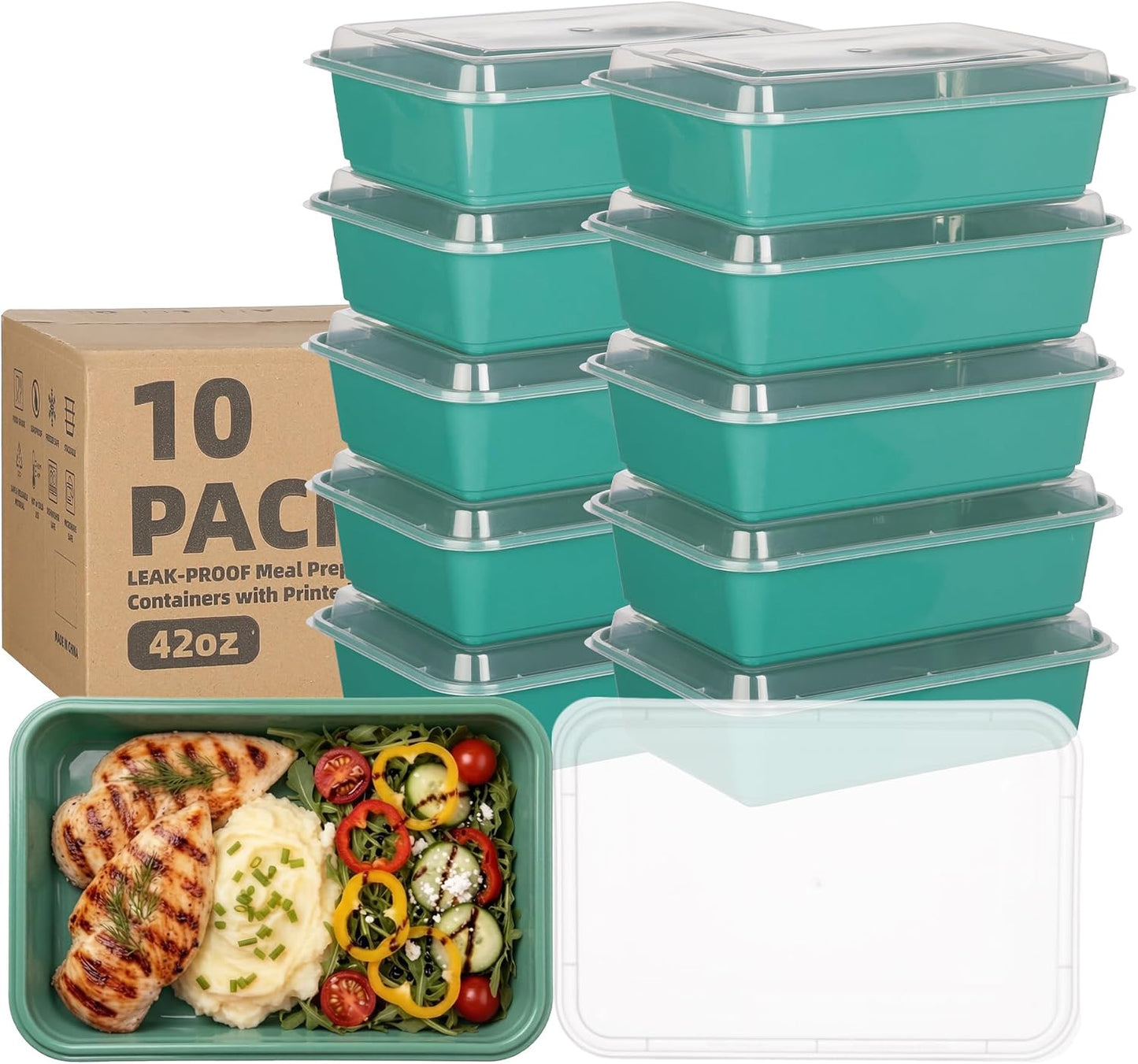 10 Pack 42 oz Meal Prep Containers, Reusable Plastic Food Prep Storage Containers with Printed Lids, Stackable, Leakproof, Microwave & Freezer & Dishwasher Safe,To Go Take Out Box