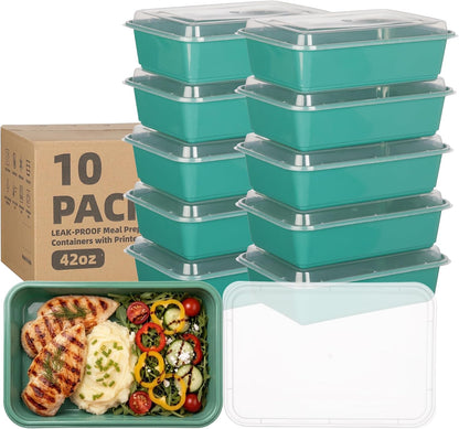 10 Pack 42 oz Meal Prep Containers, Reusable Plastic Food Prep Storage Containers with Printed Lids, Stackable, Leakproof, Microwave & Freezer & Dishwasher Safe,To Go Take Out Box