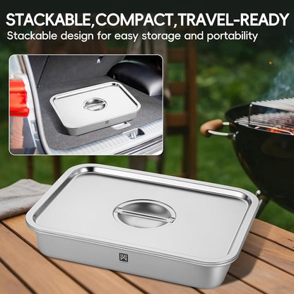 GOLDEN KEY Grilling Prep and Serve Tays,Stainless Steel Grill Carry System,5 Pcs Grill Prep Trays Set for Outdoor Picnic, Heat Resistant, Stackable, Includes Marinade Container & Cutting Board