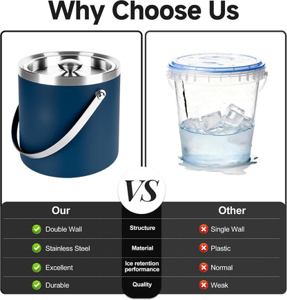 3L Double-Wall Insulated Stainless Steel Ice Bucket with scoop for Cocktail Bar - Metal Ice Bucket for freezer with Lid for parties,Camping,and More!champagne bucket,bar cart accessories