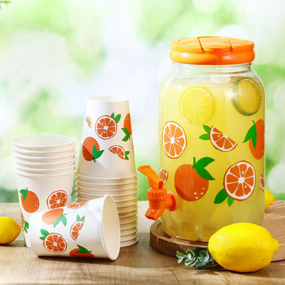 Umigy Tree Clear Plastic Drink Dispenser with 20 Pcs 12 oz Tropical Paper Cups 1 Gallon Kitchen Fridge Beverage Dispenser Plastic Water Dispenser with Spigot for Juice Tea Beer(Orange)
