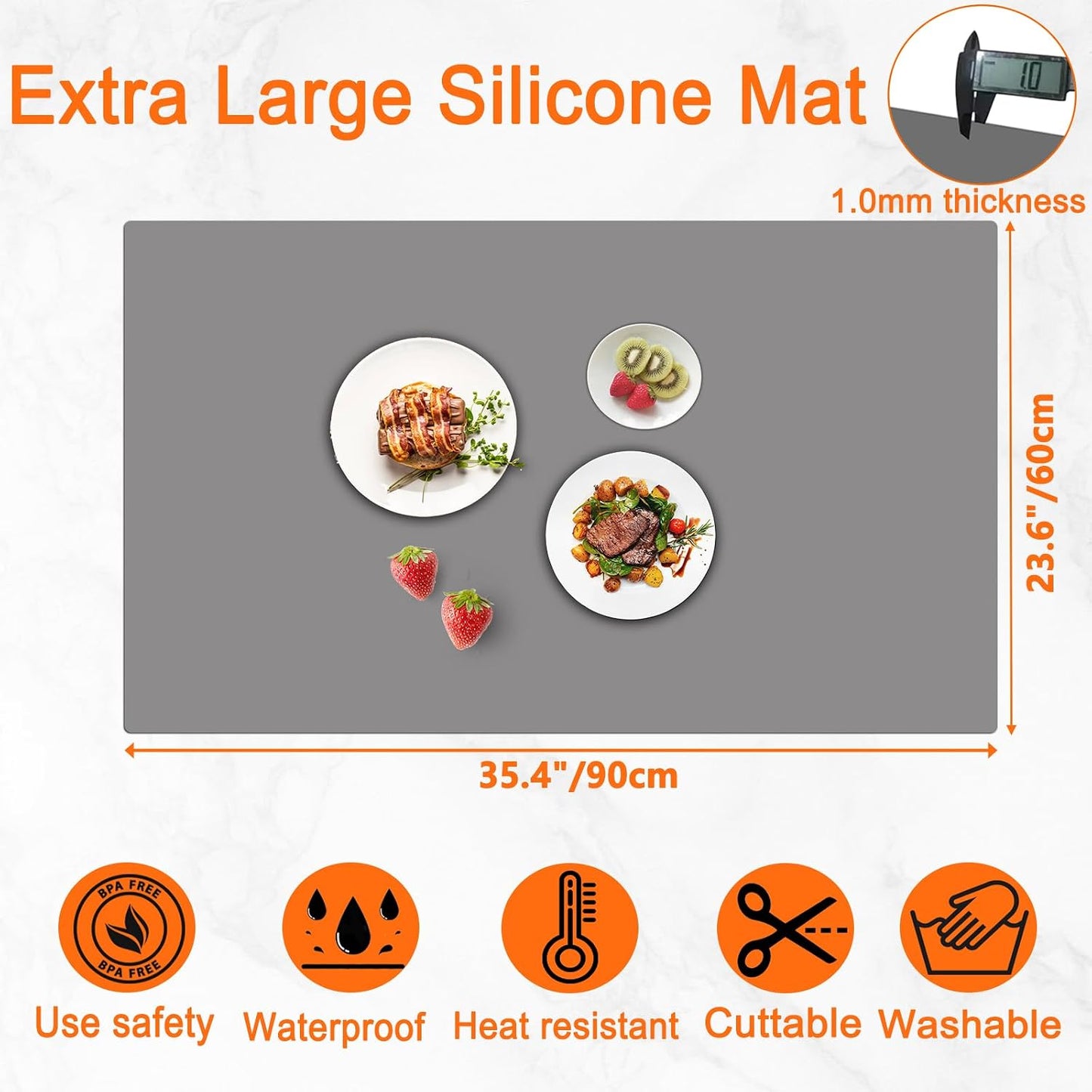 72''x16'' Extra Large Silicone Mat for Kitchen Counter, Heat Resistant Countertop Protector, Non-Slip Waterproof Kitchen Island Mat, Easy to Clean, Light Gray