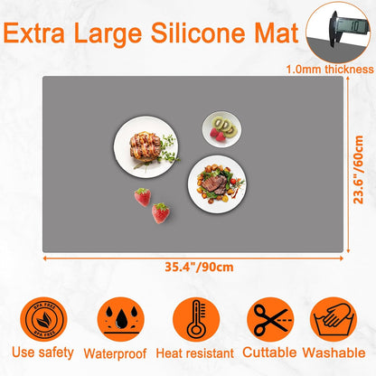 72''x16'' Extra Large Silicone Mat for Kitchen Counter, Heat Resistant Countertop Protector, Non-Slip Waterproof Kitchen Island Mat, Easy to Clean, Light Gray