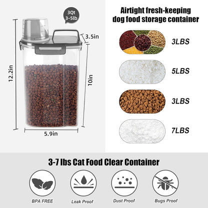 LEAWALK Airtight Small Cat Dog Pet Food Storage Containers BPA Free, with Large Pour Spout/1 Measuring Cup/ 4 Safety Locks and Double-layer Silicone Strip (Olive Gray x 2, 3L-2pack)