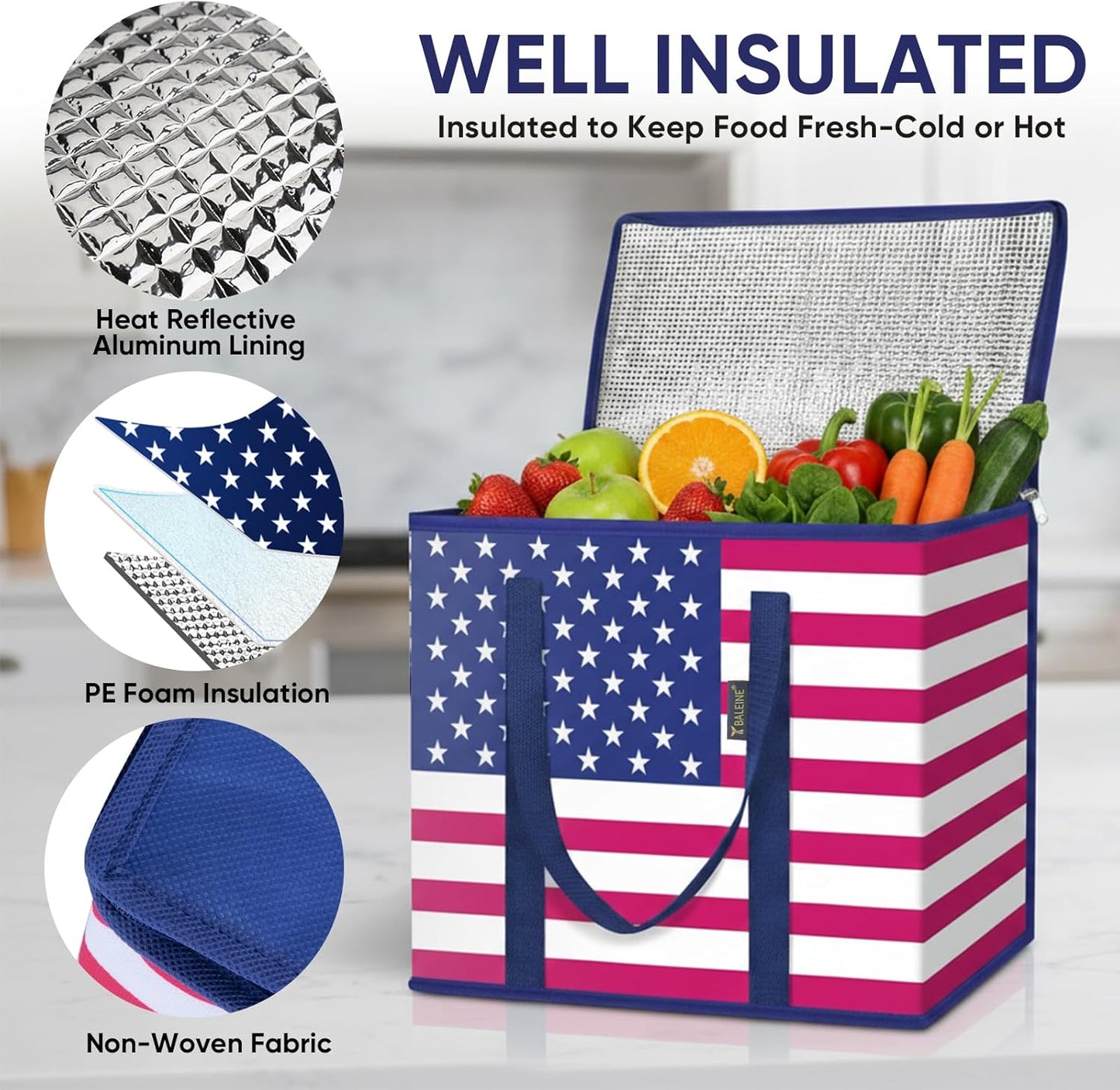 BALEINE 2Pk Insulated Reusable Grocery Bags, Collapsible Cooler Bag for Groceries, Heavy Duty Large Insulated Bag (16''x9''x13'', Antique Foliage)