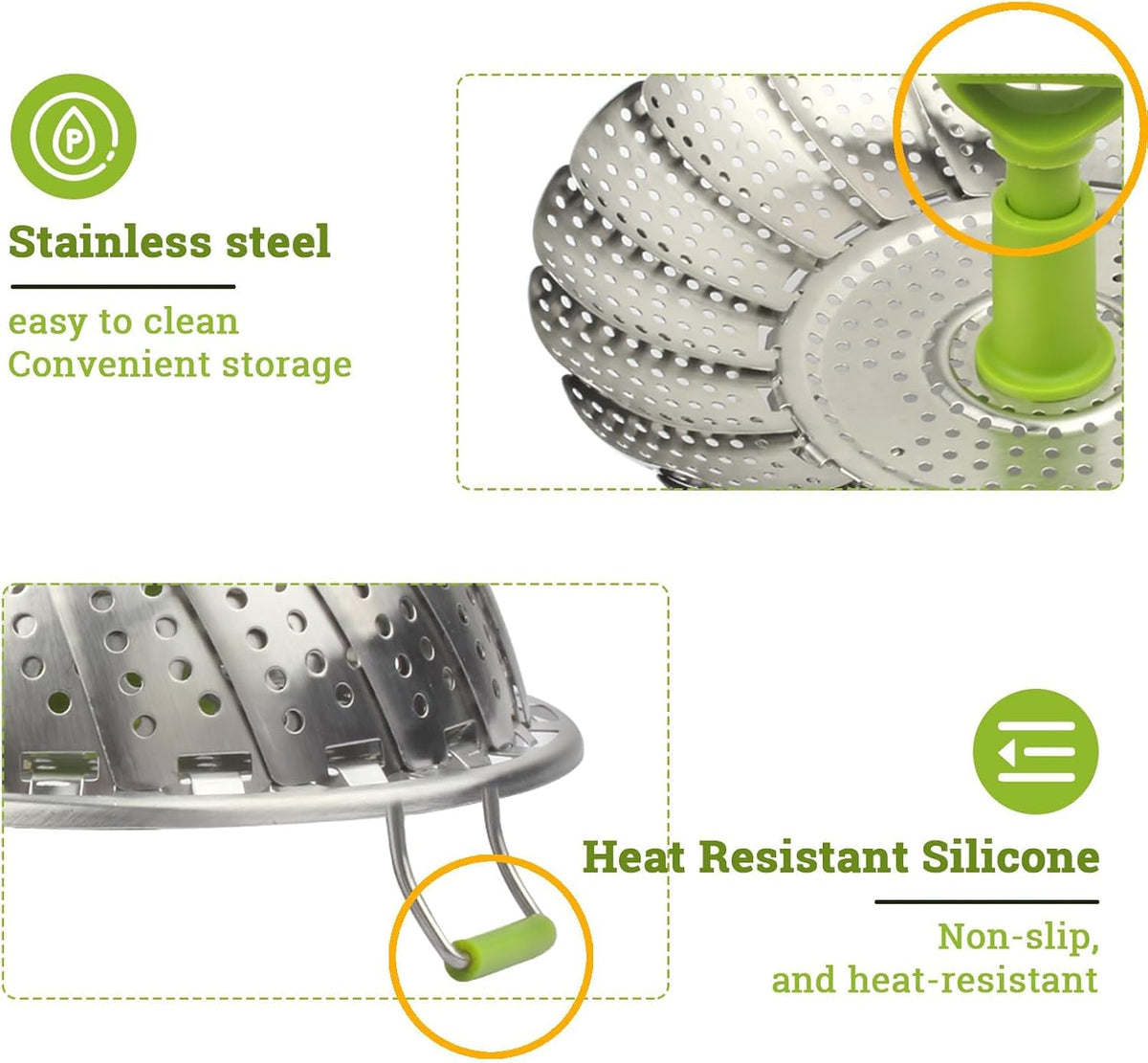 Folding Stainless Steel Steamer Basket (7-11 Inches) with Heat Resistant Handle - Ideal for Cooking Seafood, Vegetables, Fruits - Expandable and Easy to Clean - Dishwasher Safe