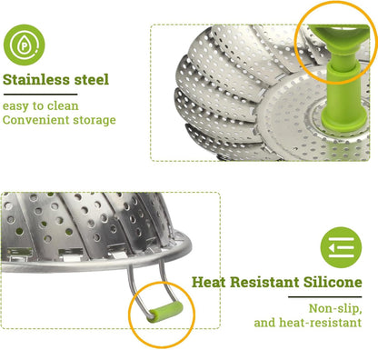 Folding Stainless Steel Steamer Basket (7-11 Inches) with Heat Resistant Handle - Ideal for Cooking Seafood, Vegetables, Fruits - Expandable and Easy to Clean - Dishwasher Safe