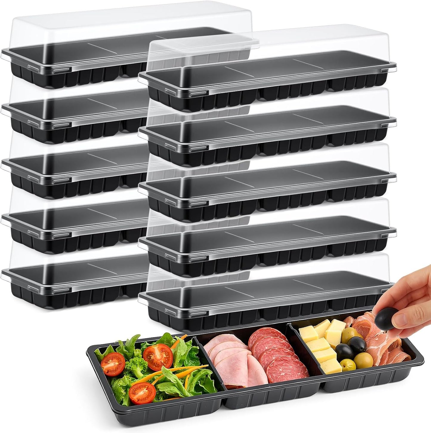 Shellwei 5 Pcs 3 Sections Rectangular Charcuterie Boards with Lid 15 x 5 in Serving Sushi Appetizer Platter Plastic Catering Divided Serving Travel Trays