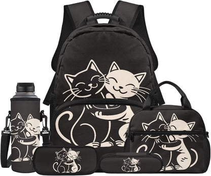 Highland Cow Backpack with Lunch Box Set for Kids Sunflower School Backpack for Girls Boys Back to School Bag Student Travel Backpacks Reusable Utensils Pen Case Water Bottle Bag 5PCS
