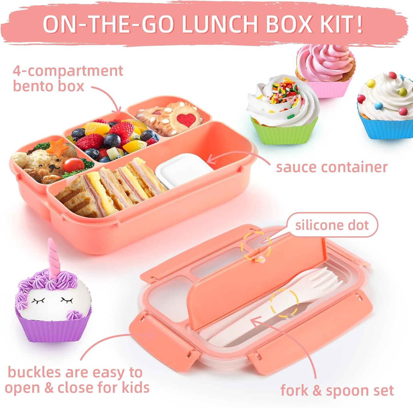 QQKO Bento Lunch Box for Kids Girls Boys, Toddler Kids Lunch Boxes for School, Lunch Containers for Adults with 4 Compartments, Sauce Container, Utensils, Food Picks and Muffin Cups, Purple