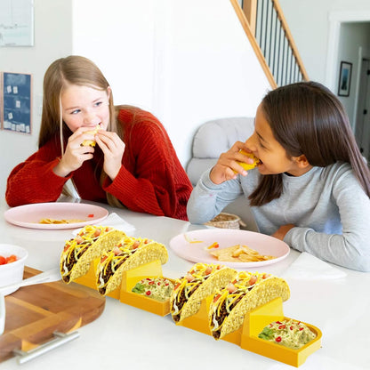 Taco Bar Serving Set for a Party - Taco Tuesday Kit of 4 personal Taco Holders, Taco Night for Burritos, Nachos, 7 compartments for Taco Toppings