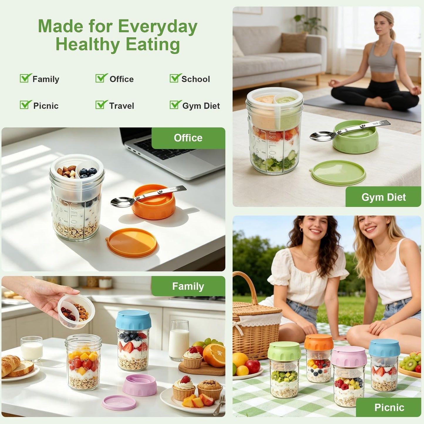 Overnight Oats Containers with Lids and Spoons - 4 Pack 16 oz Glass Mason Jars with Separate Compartments Airtight Overnight Oat Jars Leakproof Yogurt Parfait Cup for Oatmeal Chia Pudding Cereal Salad