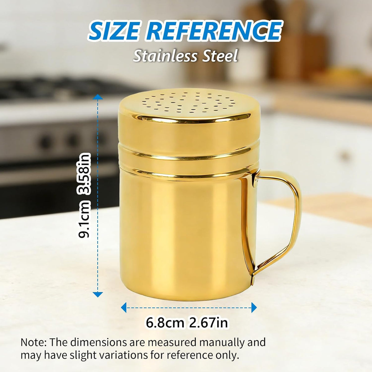 SmileCat 2pcs 10oz Stainless Steel Powder Pepper Sugar Shaker Duster,With Handle-Seasonings Spice Shakers With Large Holes and Lids.Medium Hole Will Work Great for Fine Salt,Flour,Cinnamon,Cheese.Gold