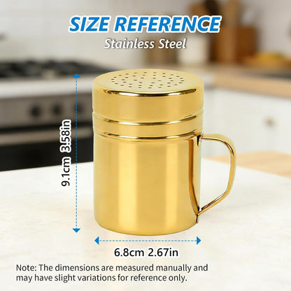 SmileCat 2pcs 10oz Stainless Steel Powder Pepper Sugar Shaker Duster,With Handle-Seasonings Spice Shakers With Large Holes and Lids.Medium Hole Will Work Great for Fine Salt,Flour,Cinnamon,Cheese.Gold