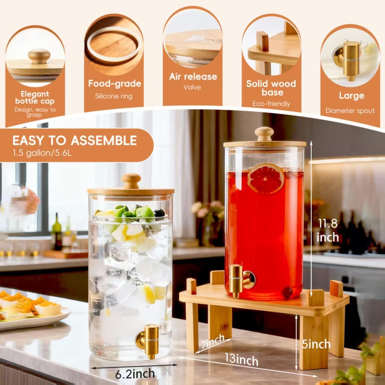 1.5 Gallon 2 Pack Glass Drink dispenser for parties,Beverage Dispenser With Wood Stand,Water Dispensers with spigot,lemonade dispenser,juice containers & water pitcher with lid