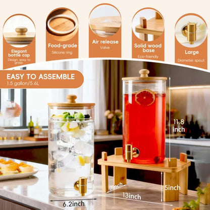 1.5 Gallon 2 Pack Glass Drink dispenser for parties,Beverage Dispenser With Wood Stand,Water Dispensers with spigot,lemonade dispenser,juice containers & water pitcher with lid