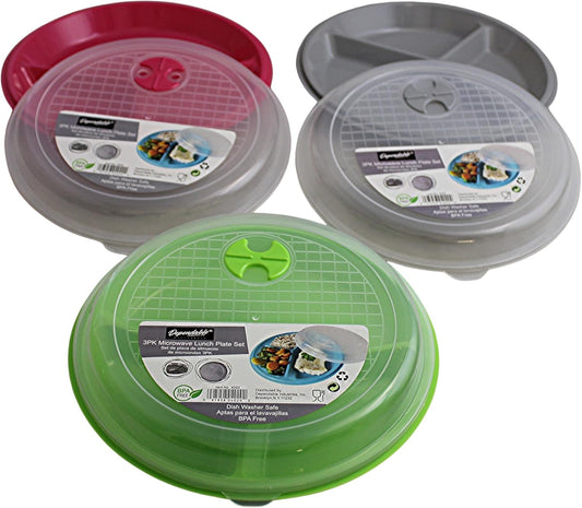 3-Pack Divided Microwave Plates with Vented Lids – Mixed Colors – BPA-Free Reusable Plates for Portion Control, Meal Prep & Leftovers – Stackable, Freezer & Dishwasher Safe
