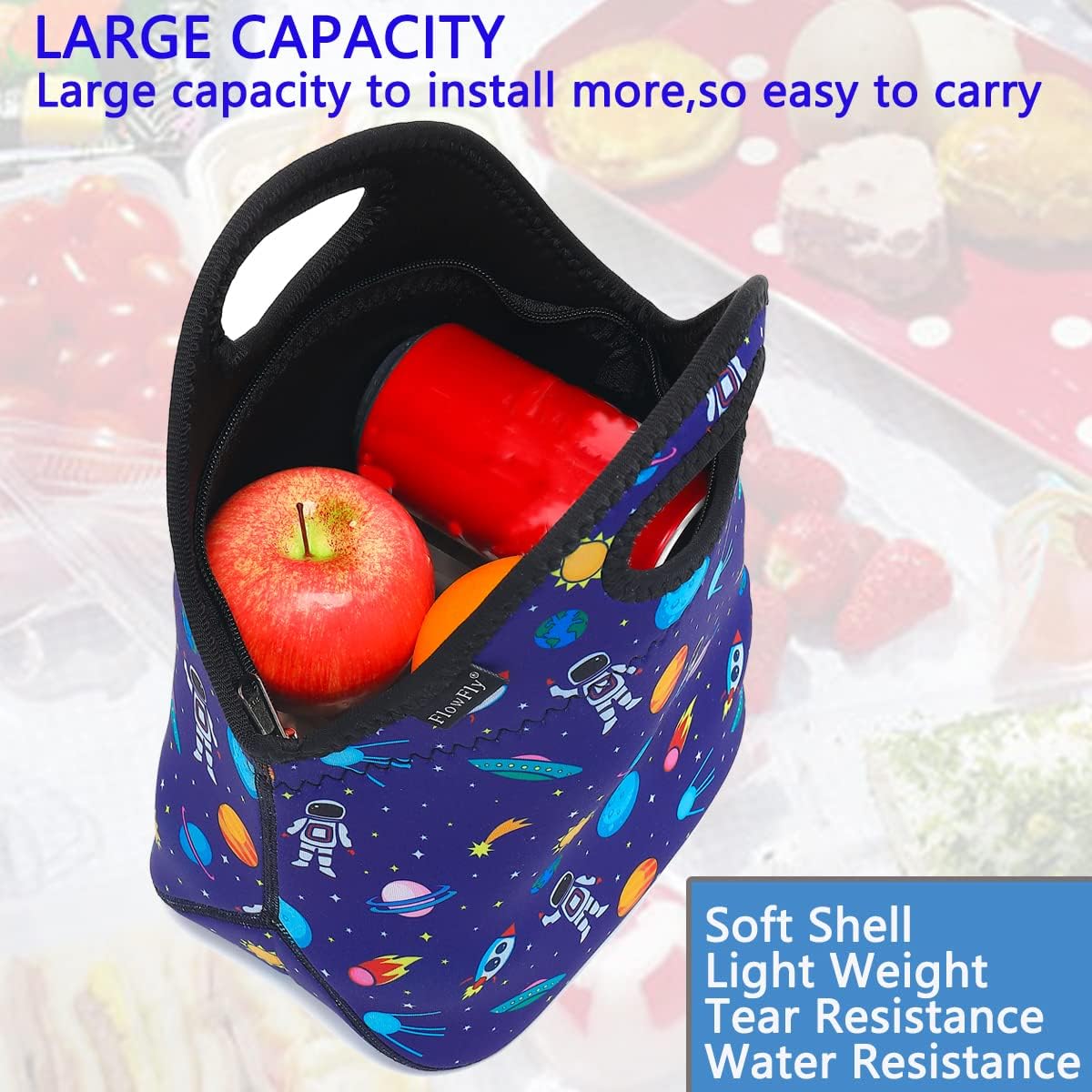 FlowFly Neoprene kids Lunch box Insulated Soft Bag Mini Cooler Thermal Meal Tote Kit for Boys, Girls,Men,Women,School,Work, Office,Black