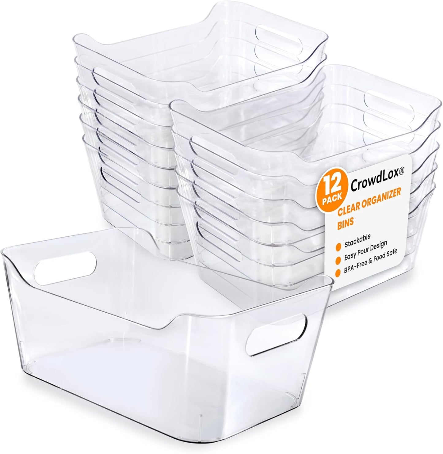 12 PACK Multi-Use Clear Plastic Storage Bins for Organizing w/ Labels - Home, Kitchen, Bathroom, Office, Pantry Cabinet Shelf Organizer Bins
