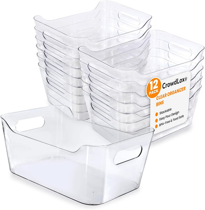 12 PACK Multi-Use Clear Plastic Storage Bins for Organizing w/ Labels - Home, Kitchen, Bathroom, Office, Pantry Cabinet Shelf Organizer Bins