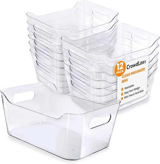 12 PACK Multi-Use Clear Plastic Storage Bins for Organizing w/ Labels - Home, Kitchen, Bathroom, Office, Pantry Cabinet Shelf Organizer Bins
