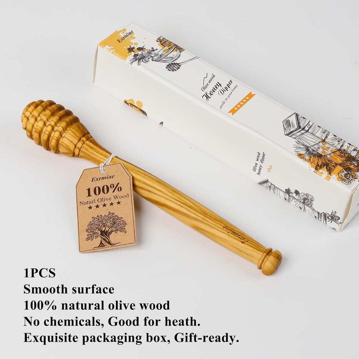 Traditional Olive Wood Honey Dipper - Durable & Warp-Resistant, Preserves Honey Purity, 1pcs, 6.3 Inch