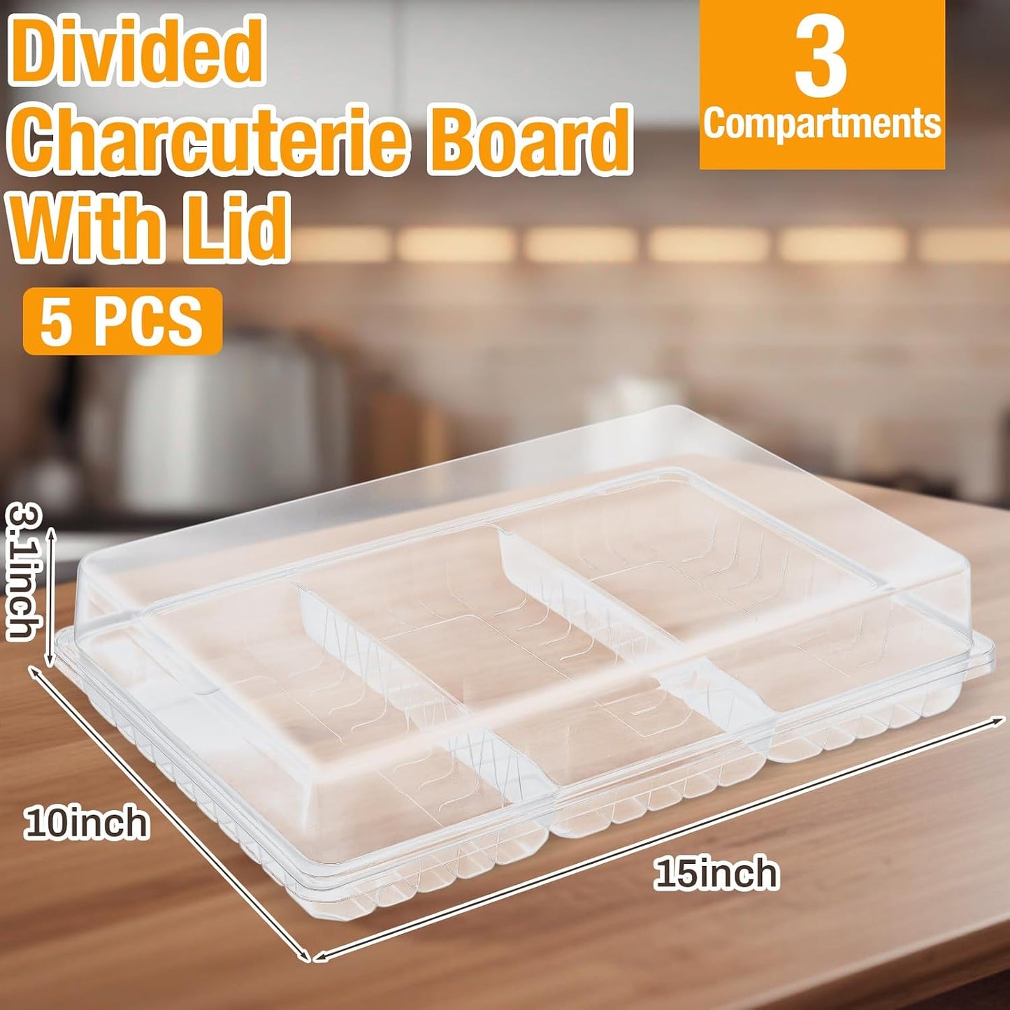 Shellwei 5 Pack Extra Large Charcuterie Board with Lid 15 x 10 Inch 3 Section Divided Catering Trays with Lids Large Disposable Travel Catering Serving Trays Platter (Black)