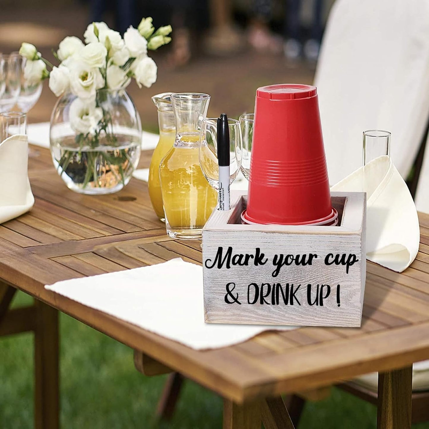 Wooden Cup Holder with Marker Slot, Disposable Plastic Party Cup Organizer for Holiday Gatherings - Hosting Essential to Mark Your Cup & Drink Up, Prevent Mix-Ups, Reduce Waste