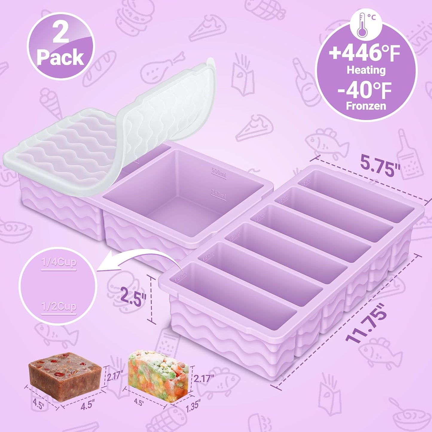 4-Pack Silicone Freezer Trays with Lid,2*【2 Large 2-Cup(500ml)&6 Small 1/2-Cup(125ml)】Soup Freezer Container Molds,Ice Cube Tray For Meal Prep&Freezing Soup,Stews,Sauces,Oven&Dishwasher-Safe