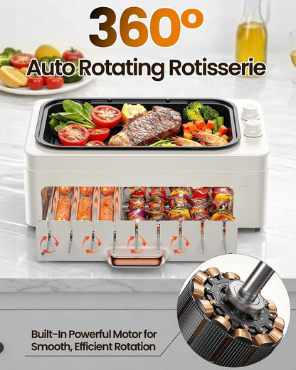 XHJ 4-in-1 Electric Indoor Grill Smokeless for Home,Countertop Electric Grill with Removable Sizzling Grill Pan & Grate + Auto Rotating Kabob Skewers + Electric Hot Dog Roller Dual Zone Cook with Lid