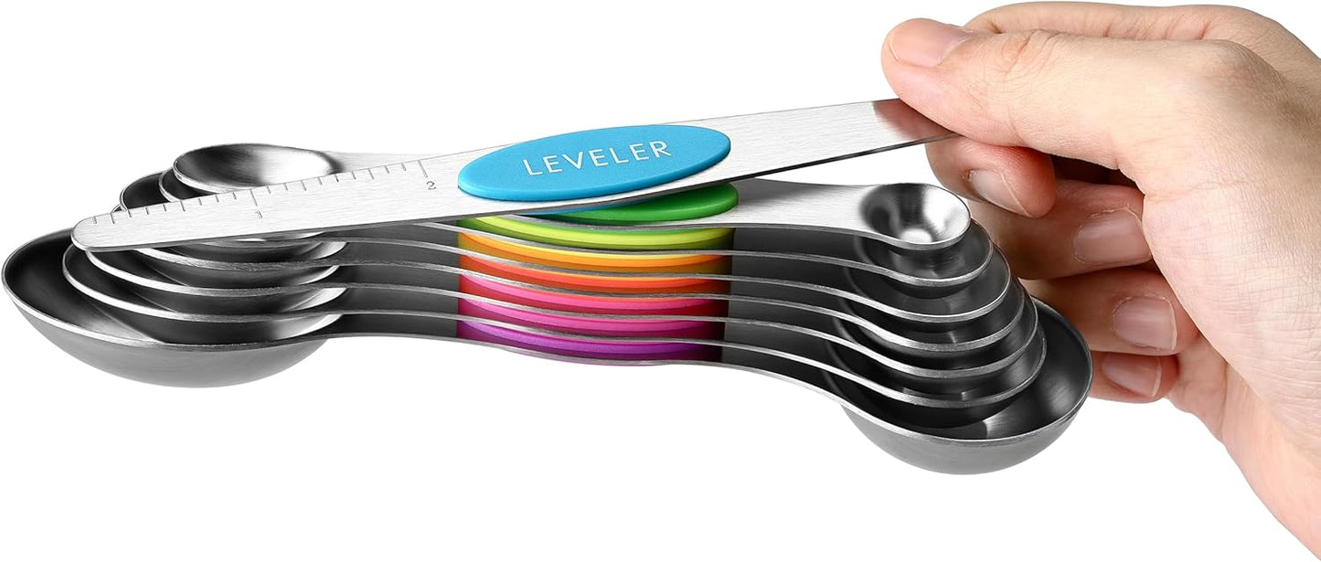 Spring Chef Stainless Steel Magnetic Measuring Spoons Set with Strong N45 Magnets, Heavy Duty Metal Kitchen Gadgets for Baking & Cooking, Fits in Most Kitchen Spice Jars, Set of 8 with Leveler, Black