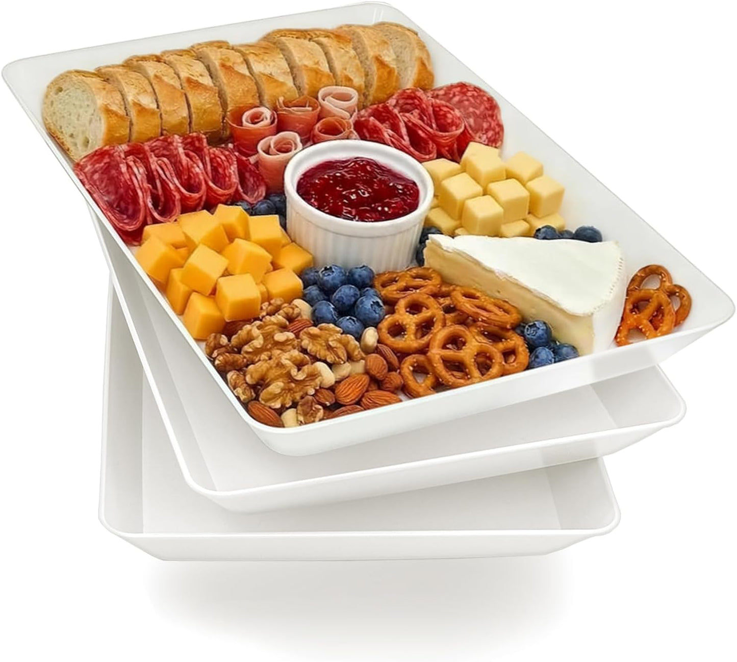 Serving Tray Platter, 4 Pack Food Tray for Veggie Fruit Snack Dessert Cookie Cheese, Food Trays for Party Supplies Display, Plastic Platters for Serving Food, Large White Trays, BPA Free