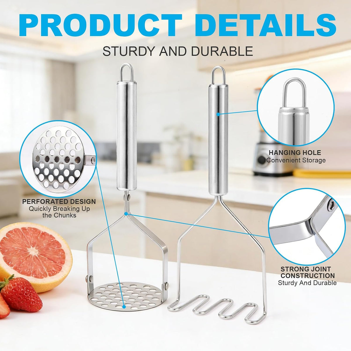 2Pcs Potato Masher & Meat Masher Set, Stainless Steel Smasher