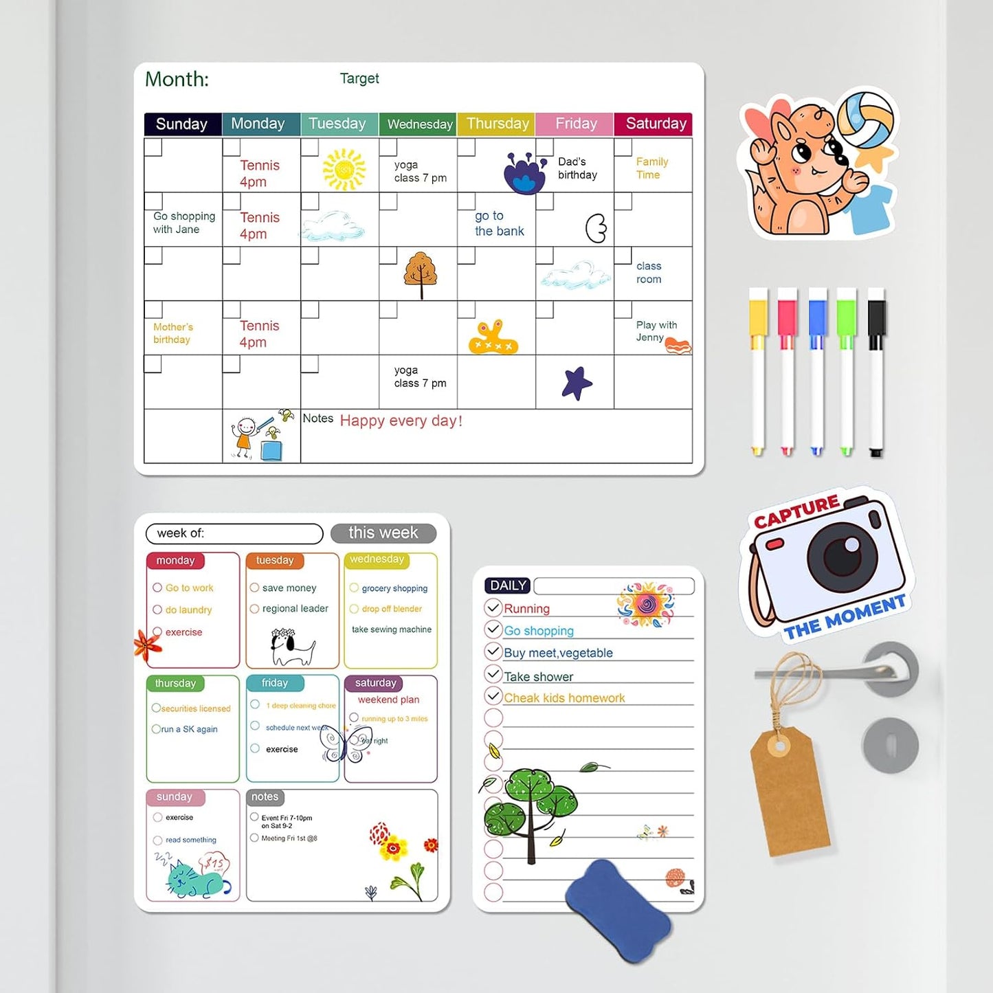 Magnetic Dry Erase Fridge Calendar Whiteboard Set,3 Pack 14.6" x 11" Reusable Refrigerator Calendar for Fridge & Wall-Monthly, Weekly,Daily Planners Refrigerator White Board with 5 Markers and Eraser