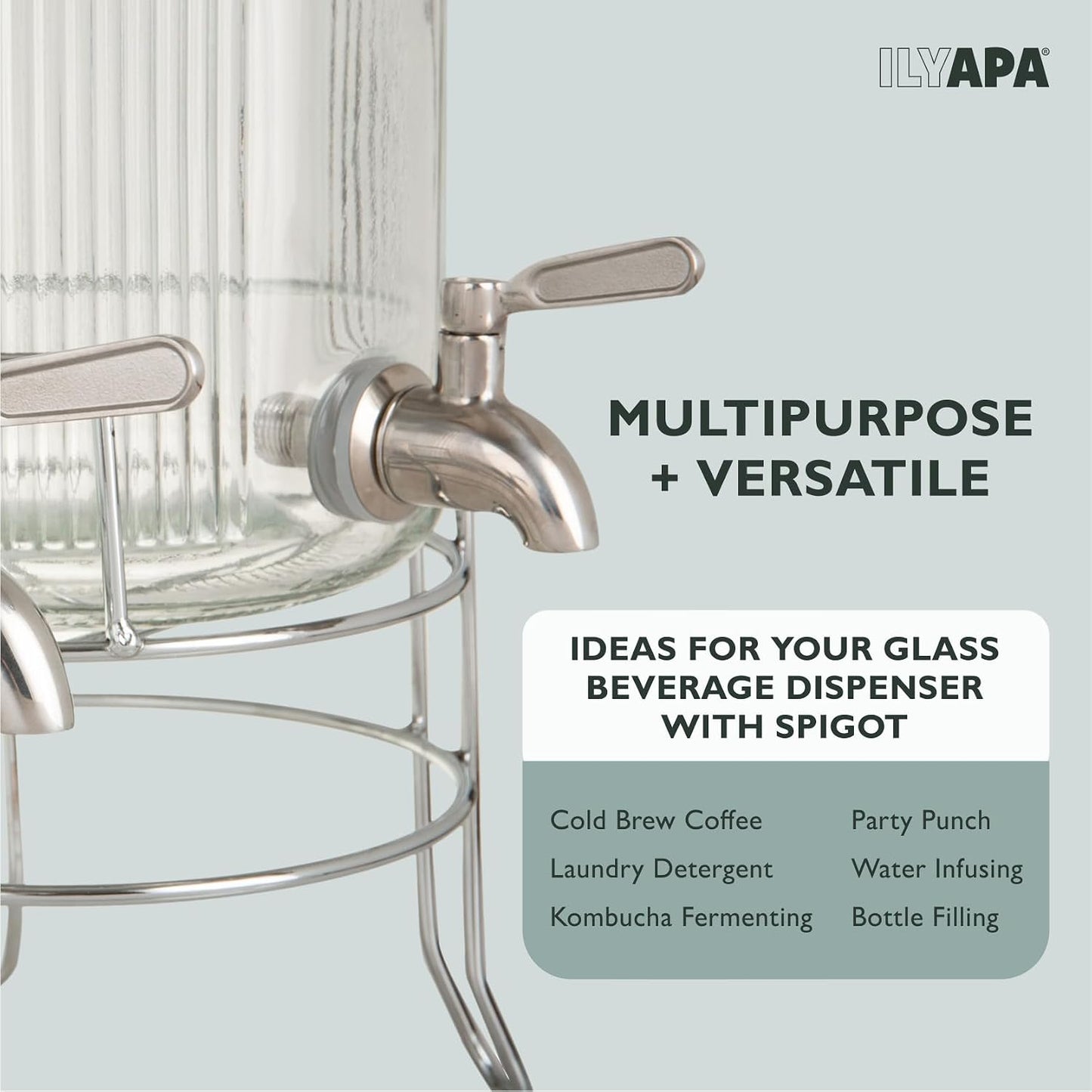 Ilyapa Glass Drink Dispensers for Parties with Stand - 2 Pack, 2 Gallon Double Beverage Dispenser with Wood Tops & Black Stainless Spigots