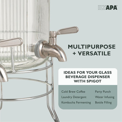 Ilyapa Glass Drink Dispensers for Parties with Stand - 2 Pack, 2 Gallon Double Beverage Dispenser with Wood Tops & Black Stainless Spigots