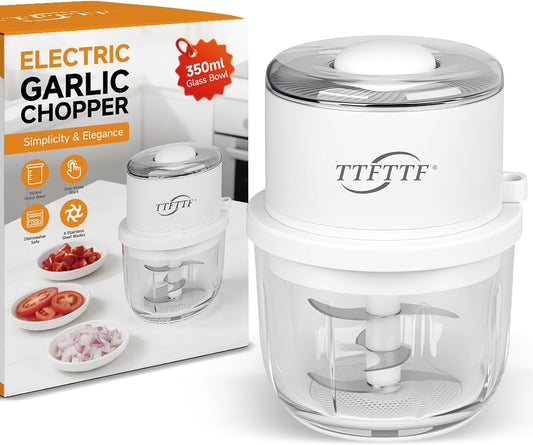 Electric Garlic Chopper, 350ML Glass Bowl Mini Food Processor, Portable Veggie Chopper Onion Garlic Grinder, Wireless Food Processor for Ginger, Chili, Fruit, Meat, etc