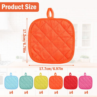 24 Pcs Pot Holders for Kitchen, Heat Resistant Quilted Hot Pads & Oven Mitts with Hanging Loops, Multicolor Cotton Potholder Set for Cooking & Baking (6 Colors)