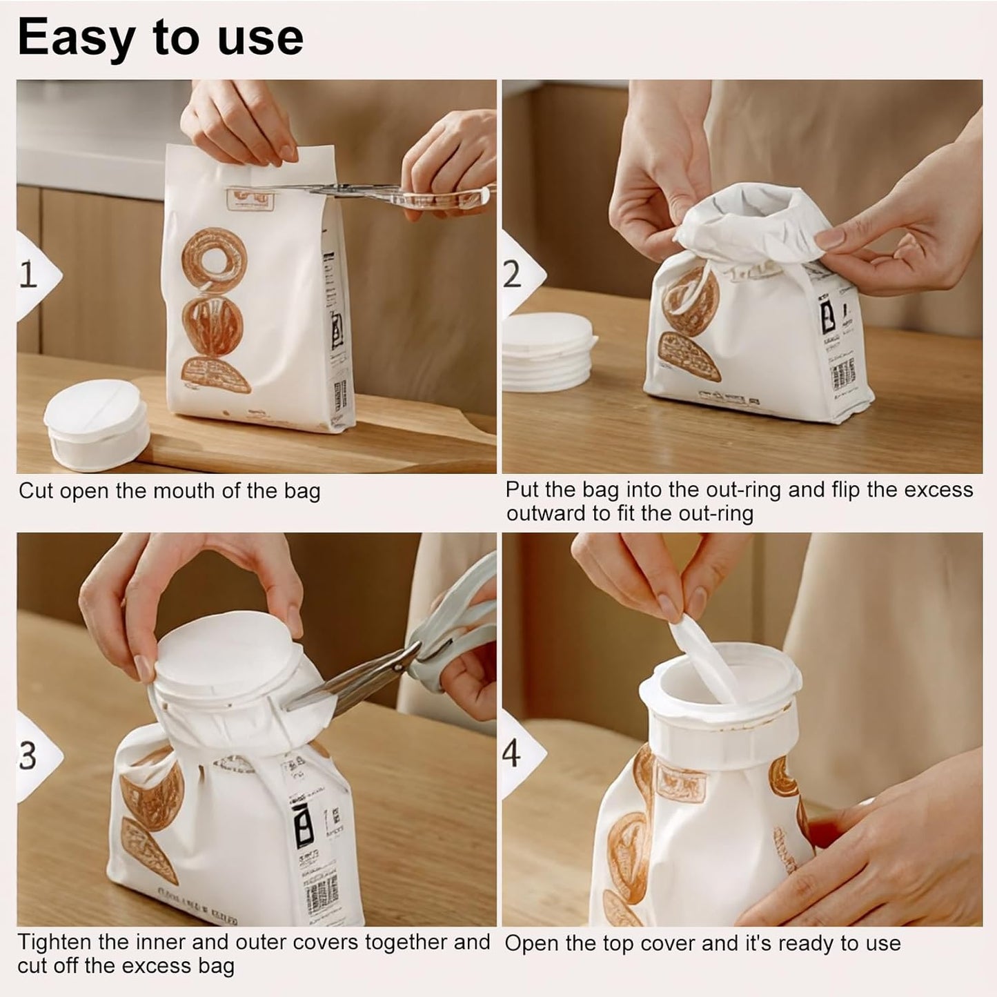 Bag Seal With Pour Spout, Reusable Airtight Bag Closure with Dual Pour Spouts, Plastic Bags Seal Cap for Flour, Cereal, Pet Food, Snacks, Kitchen Storage Organization Accessory