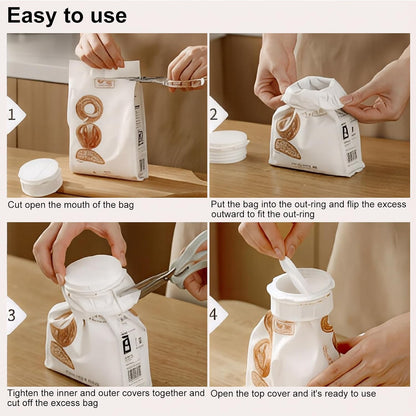 Bag Seal With Pour Spout, Reusable Airtight Bag Closure with Dual Pour Spouts, Plastic Bags Seal Cap for Flour, Cereal, Pet Food, Snacks, Kitchen Storage Organization Accessory
