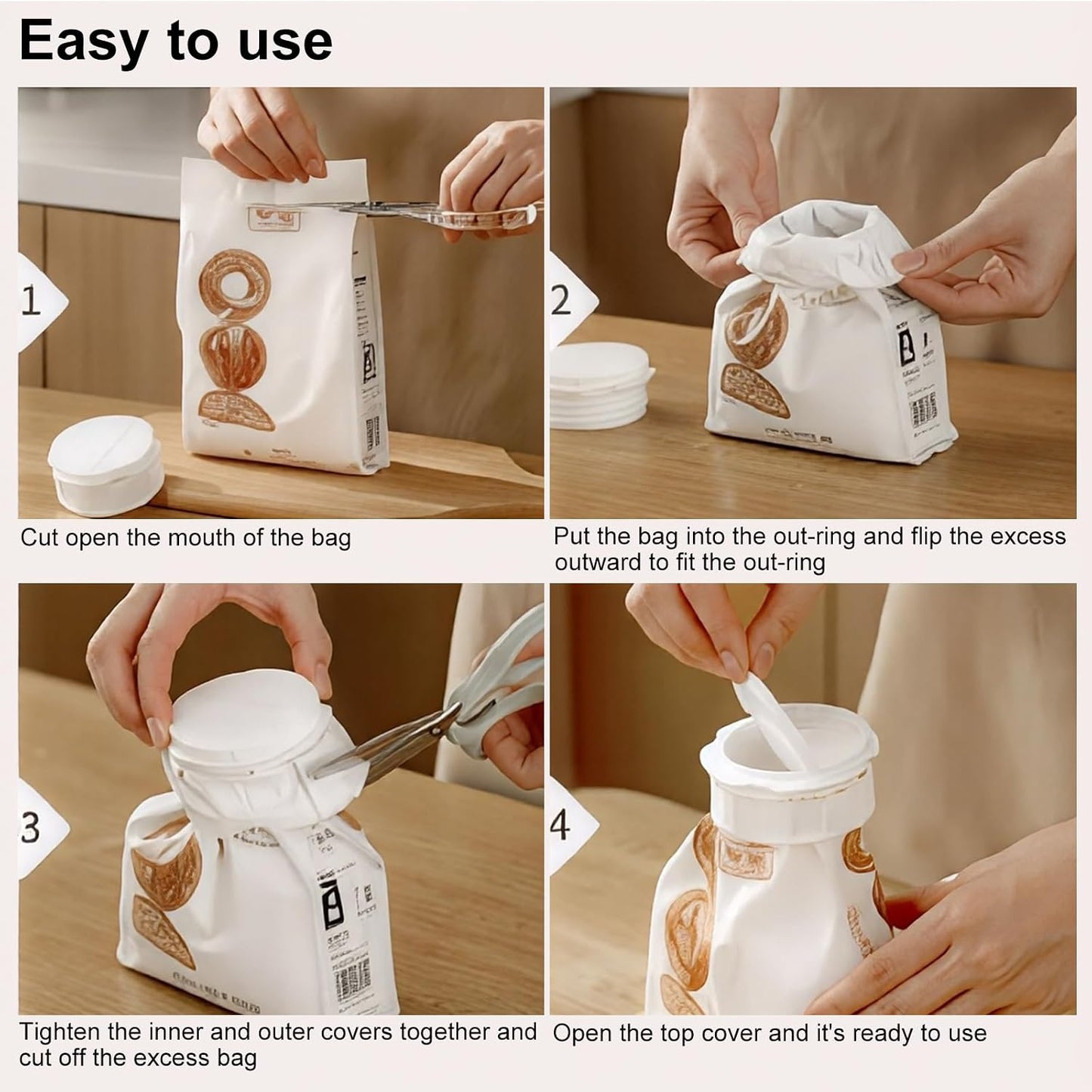 Bag Seal With Pour Spout, Reusable Airtight Bag Closure with Dual Pour Spouts, Plastic Bags Seal Cap for Flour, Cereal, Pet Food, Snacks, Kitchen Storage Organization Accessory