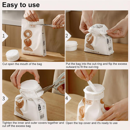Bag Seal With Pour Spout, Reusable Airtight Bag Closure with Dual Pour Spouts, Plastic Bags Seal Cap for Flour, Cereal, Pet Food, Snacks, Kitchen Storage Organization Accessory